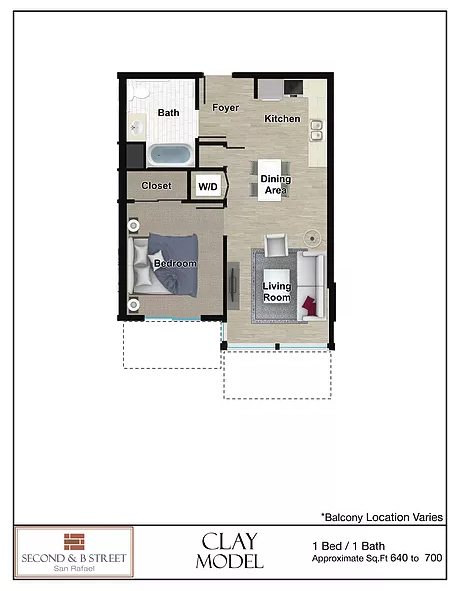 Floor plan for 1 bed, 1 bath, 640 sqft